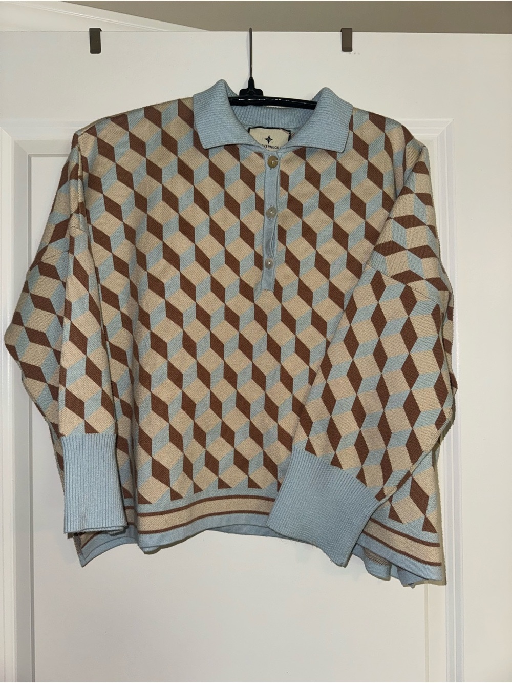 Tuckernuck Ocean Spray Knit Geo Polo Sweater Blue Brown Size M/L